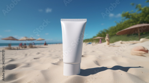 A tube of sunscreen on a sandy © LabirintStudio
