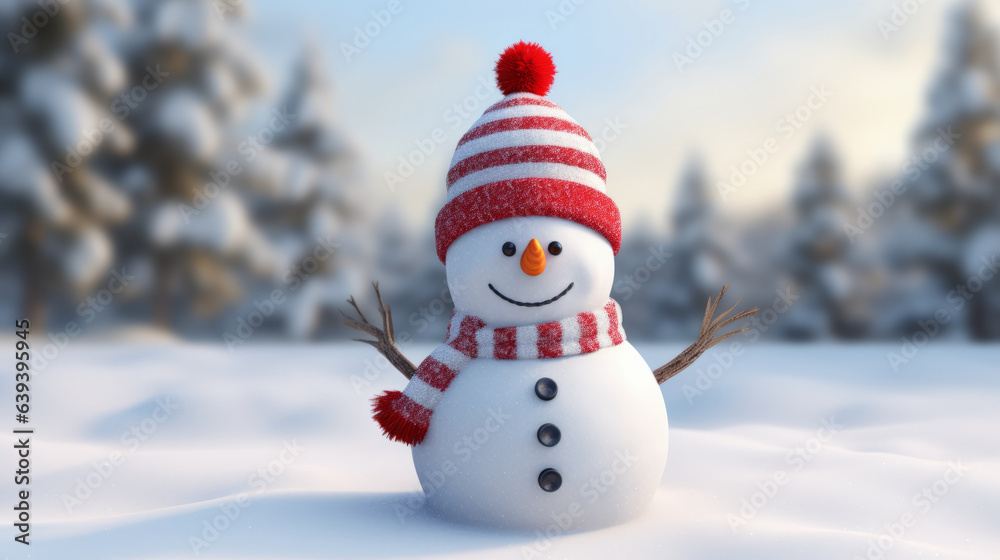 A snowman with a festive hat and