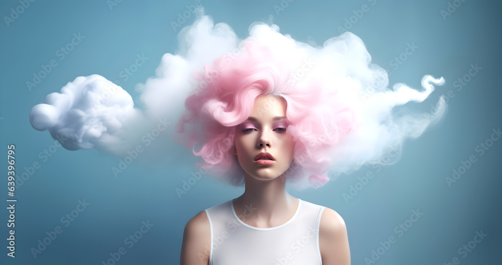 Fashion surreal Concept. Closeup portrait of stunning beautiful woman girl with pink sensual cotton candy hair like clouds. illuminated with dynamic composition and dramatic lighting - obrazy, fototapety, plakaty 