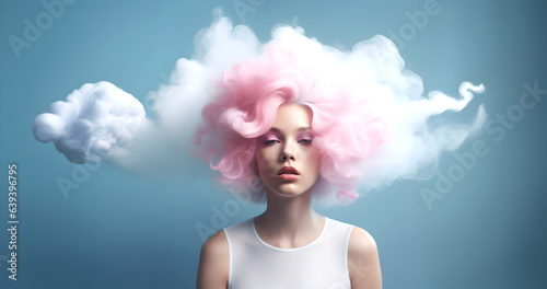 Fashion surreal Concept. Closeup portrait of stunning beautiful woman girl with pink sensual cotton candy hair like clouds. illuminated with dynamic composition and dramatic lighting photo