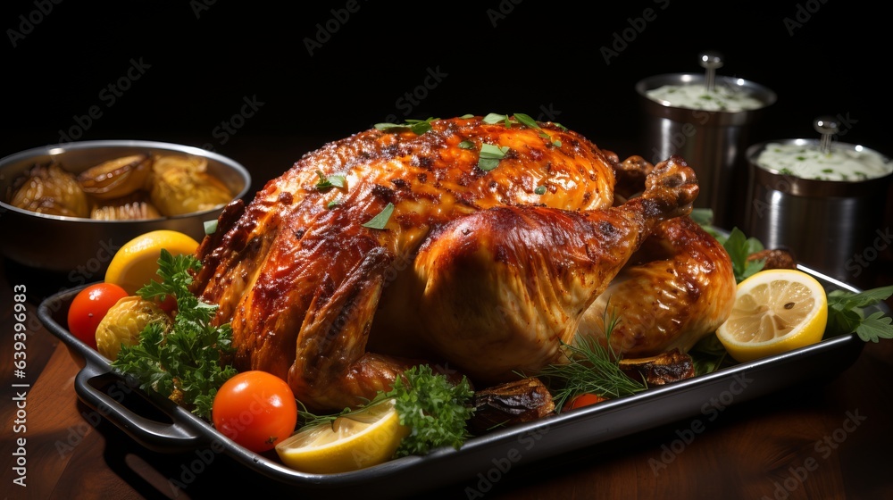 Roasted turkey with lemon and vegetables, cooked pheasant with golden fried crust. A traditional Thanksgiving dish in America. Protein high-calorie food
Roasted turkey with lemon and vegetables, cooked pheasant with golden fried crust. A traditional Thanksgiving dish in America. Protein high-calorie food