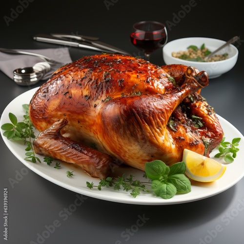 
Roasted turkey with lemon and vegetables, cooked pheasant with golden fried crust. A traditional Thanksgiving dish in America. Protein high-calorie food