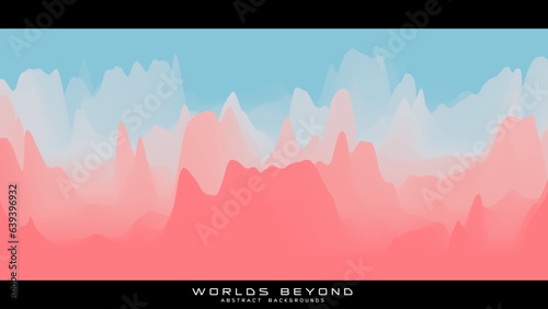 Abstract colorful landscape with misty fog till horizon over mountain slopes. Gradient eroded terrain surface. Worlds beyond.