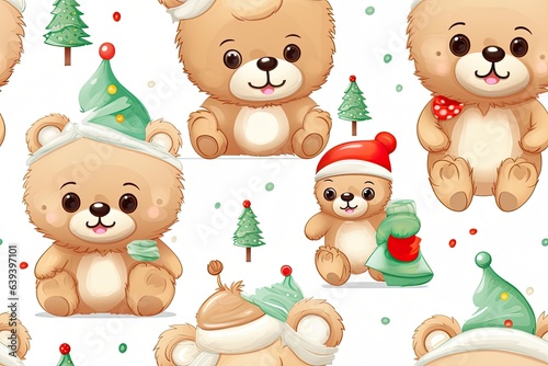 Mix Christmas teddy bears on white seamless background  wrapping paper