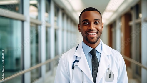 young African American male doctor smiling wearing white lab coat, standing in corridor of new, vibrant ultra modern hospital facility, copy space