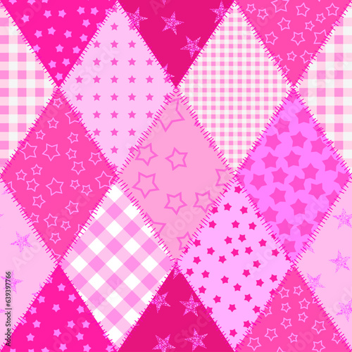 Textille patchwork pattern. Pink pattern in Barbie style. Seamless Vector image.