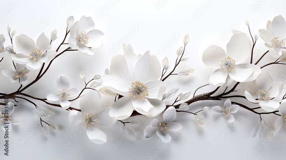  a branch with white flowers on a white background with a shadow.  generative ai