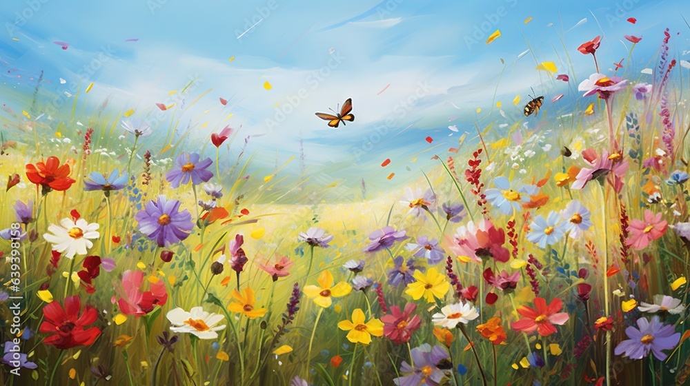  a painting of a field of flowers with a butterfly flying over it.  generative ai