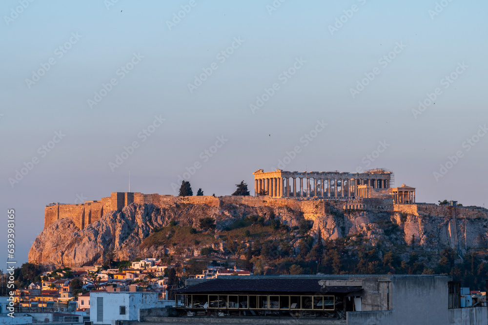 The Acropolis view with the Parthenon in Athens Greece in the morning. 
