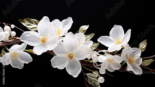  a branch with white flowers and leaves on a black background. generative ai
