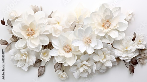  a group of white flowers with leaves on a white background.  generative ai