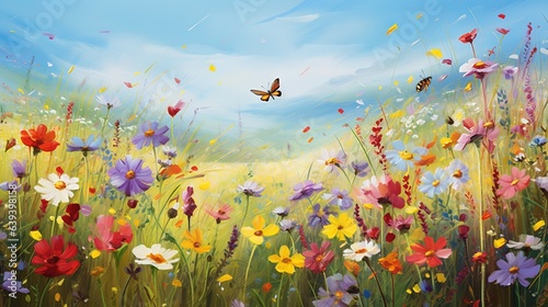  a painting of a field of flowers with a butterfly flying over it.  generative ai © Anna