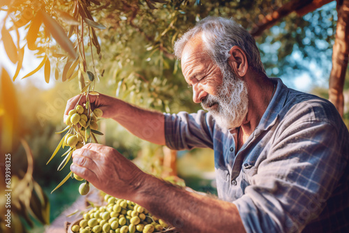 Fotografiet Defocused Portrait of senior man harvesting olives in olive tree garden