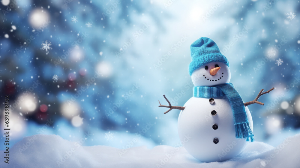 A snowman with a blue hat and