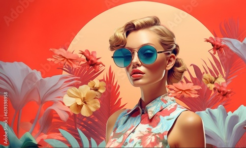 beautiful woman with sunglasses, Tropical photo collage, in the style of modernism-inspired portraiture, retro pop art inspirations