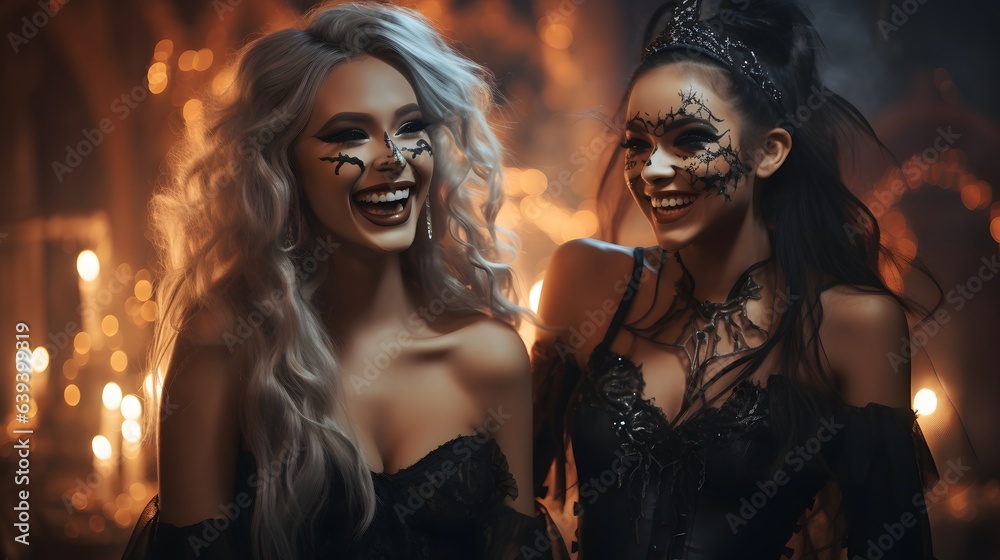 Two beautiful young women in black lingerie with sugar skull make-up. Halloween party.