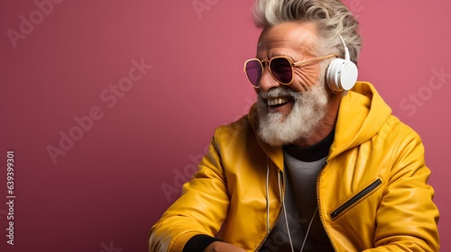 Happy senior man in yellow jacket and sunglasses listening music with headphones isolated on pink © mandu77