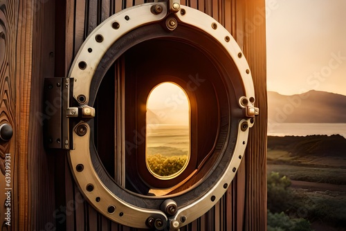 a close-up shot of a weathered antique keyhole embedded in a wooden door  bathed in soft golden sunlight