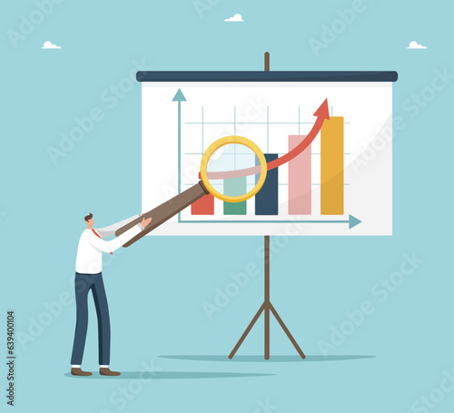 Analysis of income and expenses enterprise, assessment of profitability and investment attractiveness, economic calculation of performance indicators company, man with magnifier near board with graph.