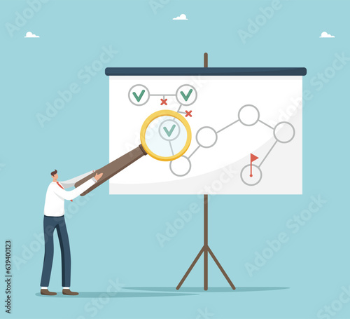 Planning and tracking progress of workflow, successful completing tasks on way to achieving goals or project end, strategy or way to overcome difficulties, man with magnifier near board with workflow.