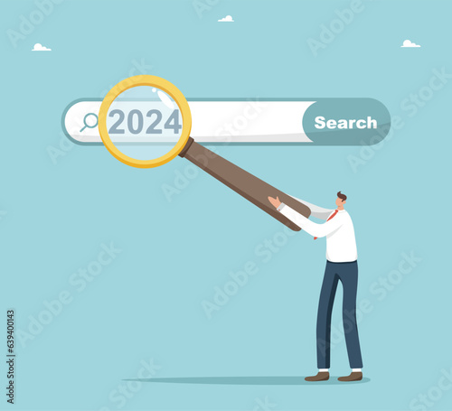 Planning and setting business goals for the new year 2024, analysis and development of strategies for future business development or career growth, man with magnifying glass shows 2024 on search bar.