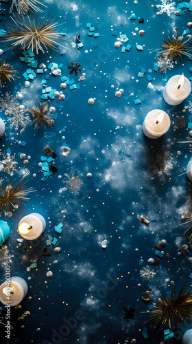 Blue Christmas vertical background. Christmas decorations, candles layout. Top view. New Years wallpaper. Generative ai