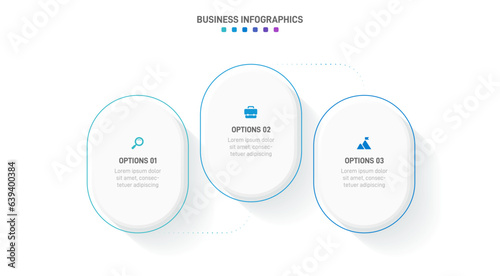 Timeline infographic with infochart. Modern presentation template with 3 spets for business process. Website template on white background for concept modern design. Horizontal layout.