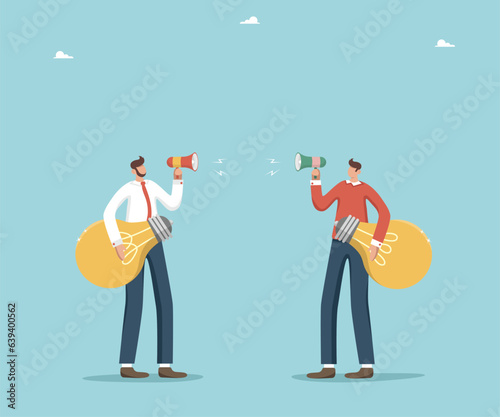 Disagreement or conflict in team during workflow, different ideas to achieve goal, alternative innovations or business vision for business development, men hold light bulbs and argue with loudspeakers