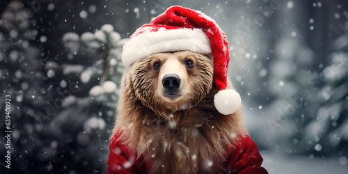 Holiday Bear: Brown Bear Wearing Santa Claus Hat in Winter Setting
