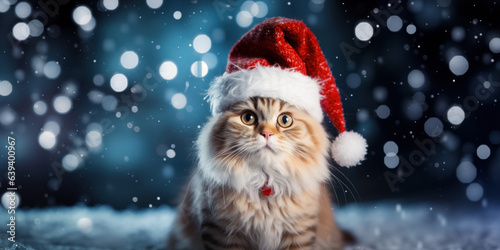 Meowy Christmas: Cute Cat Wearing Santa Claus Hat in Snow © oleksandr.info