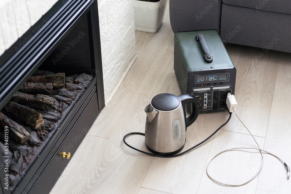 Coffee machine and microwave oven plugged in portable power station on