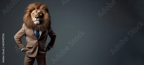 Confident looking Lion businessman in the brown suite. Banner with copy space © AnaV