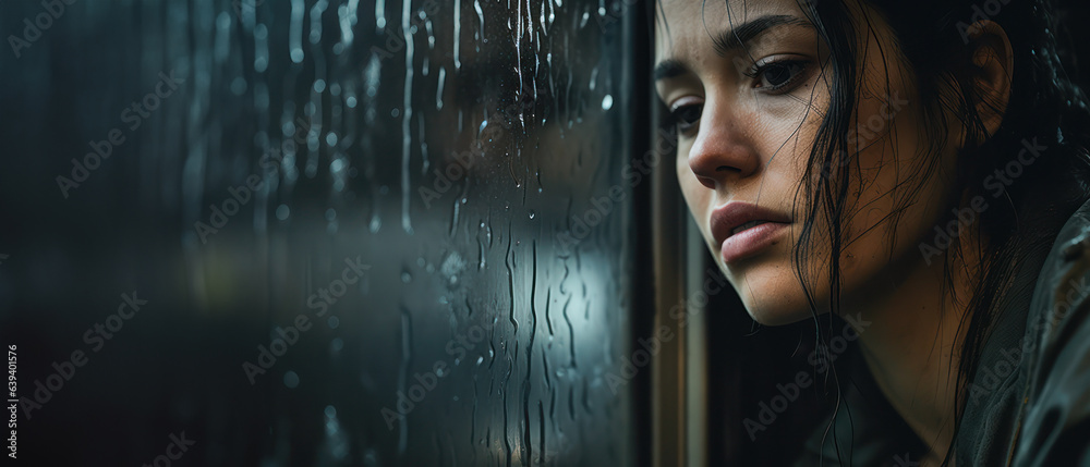 A young women looking through a rainy window with tears streaking down, concept of loneliness and depression - obrazy, fototapety, plakaty 