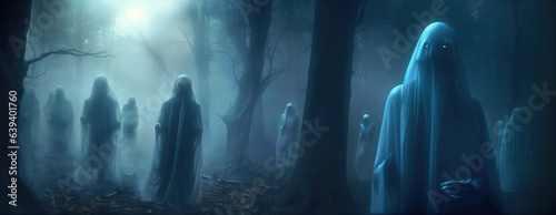 Panorama of misty night forest with eerie undeads and ghostly presences lurking among the trees photo