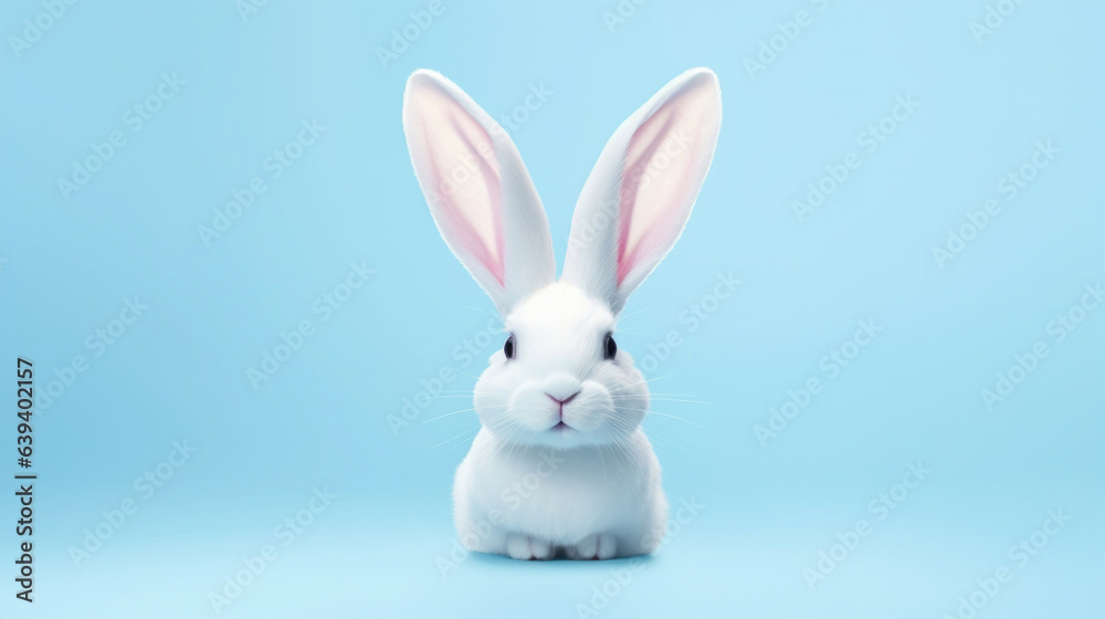 White bunny on blue copyspace background in studio. Festive Easter concept