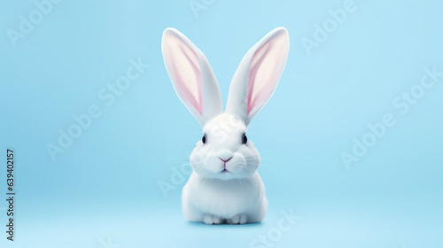 White bunny on blue copyspace background in studio. Festive Easter concept © ReneLa/Peopleimages - AI