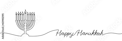 Happy Hanukkah menorah one continuous line background with copy space. Jewish traditional candle holder with lights. Minimal Chanukah banner template. Vector illustration isolated on white