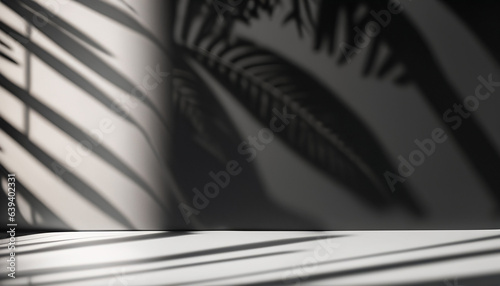 Abstract studio black background for product presentation. Empty room with shadows of window and flowers and palm leaves . 3d room with copy space. Summer concert. backdrop. beauty product placement. © Om-gnit