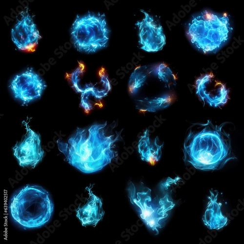 Fotótapéta A mystical collection of blue firebolts and magical spell lights, isolated on a black background