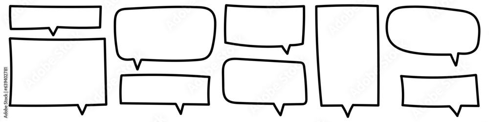 Speech bubbles and text balloons, drawn with comic line. Hand drawn frame elements set. dialogue and talk representation. Flat vector illustration isolated on white background. Speech bubbles and text balloons, drawn with comic line. Hand drawn frame elements set. dialogue and talk representation. Flat vector illustration isolated on white background.