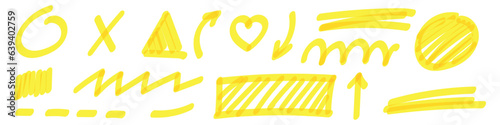 yellow highlighter squiggles and curvy stripes with funny elements. Includes arrows, feathers, dashes, swipes, and outlines. Flat vector illustration isolated on white background.