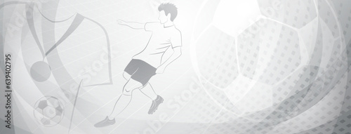 Abstract soccer background with a football player kicking the ball and other sport symbols in gray colors