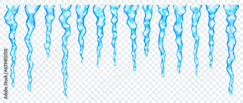 Set of realistic translucent icicles of different lengths in light blue colors on transparent background. Transparency only in vector format