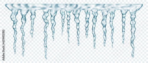 Group of translucent gray realistic icicles of different lengths, connected at the top, isolated on transparent background. Transparency only in vector format
