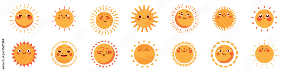 Sun character in cute style, face with a sticker. Sunshine with a smile for kids, doodled in a happy and fun way. Flat vector illustrations isolated in background. Sun character in cute style, face with a sticker. Sunshine with a smile for kids, doodled in a happy and fun way. Flat vector illustrations isolated in background.