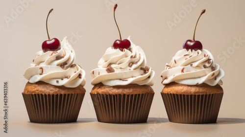 Delicious cupcakes with whipped cream and cherries