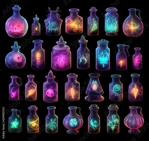 A mystical set of alchemy flasks filled with cyan and purple shades, emanating an ethereal glow, isolated on a black background