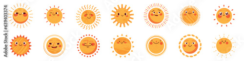Sun character in cute style, face with a sticker. Sunshine with a smile for kids, doodled in a happy and fun way. Flat vector illustrations isolated in background.