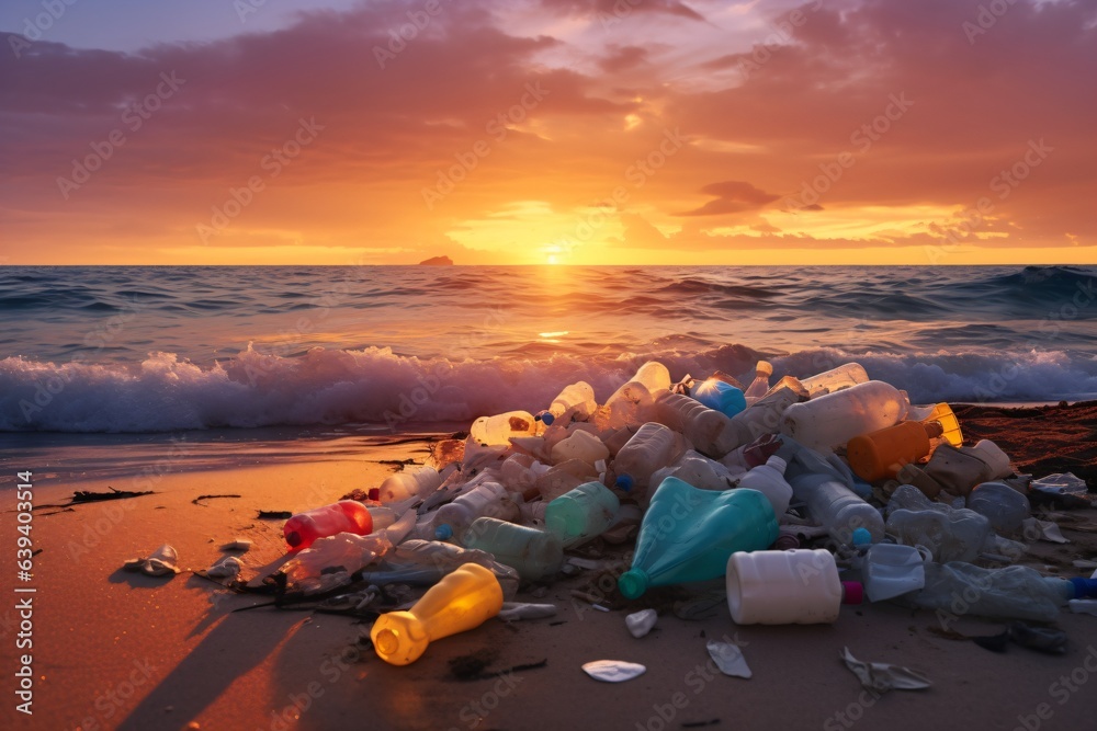 plastic pollution of the ocean, trash objects littering a sandy beach