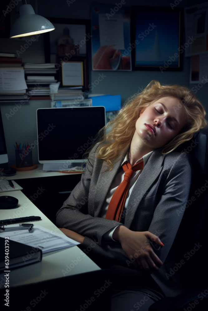 Tired of work, woman sleeping in the office Tired of work, woman sleeping in the office